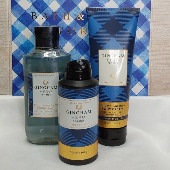 BATH & BODY WORKS 'GINGHAM HERO' 3-PIECE GIFT SET BODY WASH, LOTION & SPRAY MIS